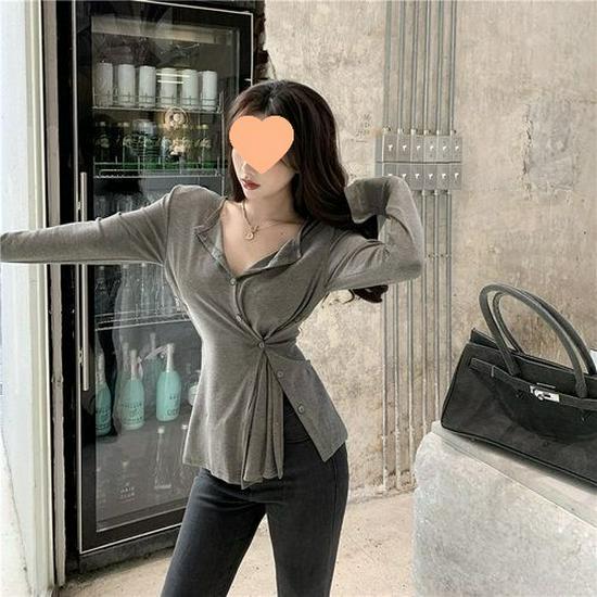 2023 Women's Autumn Korean Style Long-Sleeve Knit T-Shirt with Padded Shoulders, Slim Fit
