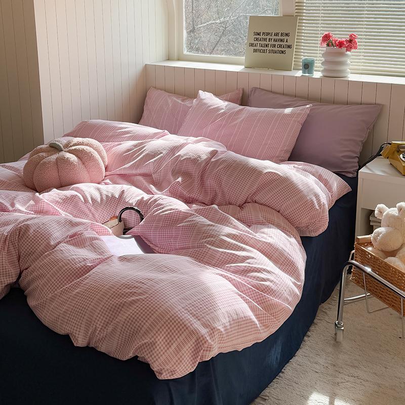 Korean Pink Grid Bedding Sets For Girls  New Flat Sheet Duvet Cover Set Pillowcase Bed Linen Queen Full Size Quilt Cover
