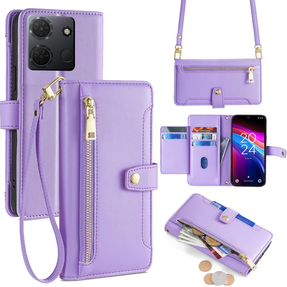 

For TCL 503 Case Zipper Pocket Wallet Leather Phone Cover with 2 Straps Purple