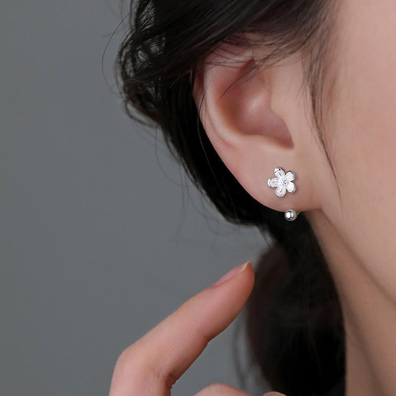Screw-in Mini Daisy Stud Earrings, Simple Silver Peach Blossom Design for Women