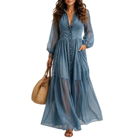 Women Dress Faux Denim Maxi Dress, Mesh Patchwork Long Sleeve Button Casual Down Shirt Loose Vintage Summer Comfortable S светло-синий