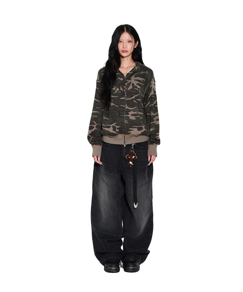 Aakam Camouflage Waffle Zip-Up Hoodie (Khaki)