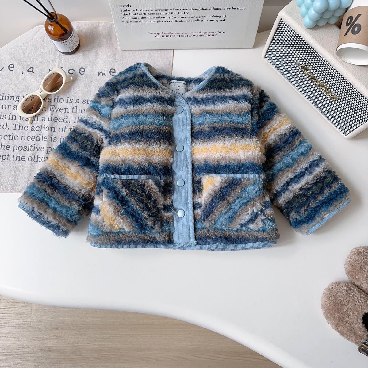 Girls Retro Winter Plush Coat – Striped Cotton Long Sleeve Top Size 130