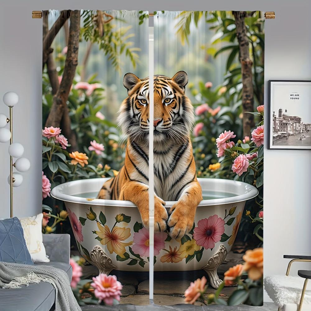 2pcs Curtains,Vibrant Watercolor Tiger Curtain Decorative Drapes for Living Room with Rod Pocket, Machine Washable, Fade Resista