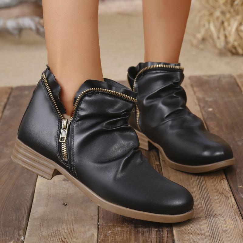 Women's High Quality Round Toe PU Leather V-Cut Zipper Martin Boots