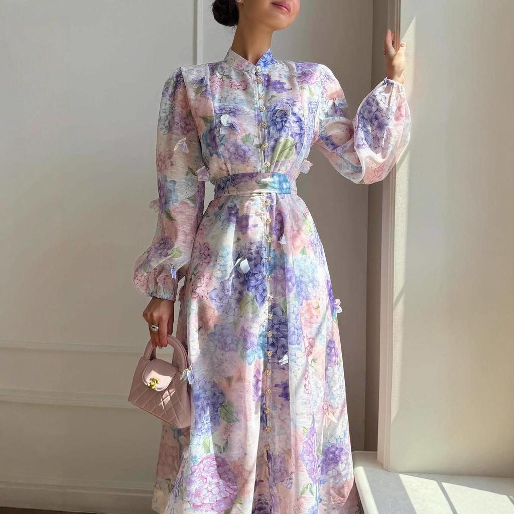 2025 Autumn Women's European & American Style Retro Semi-High Neck Print Elegant Dress