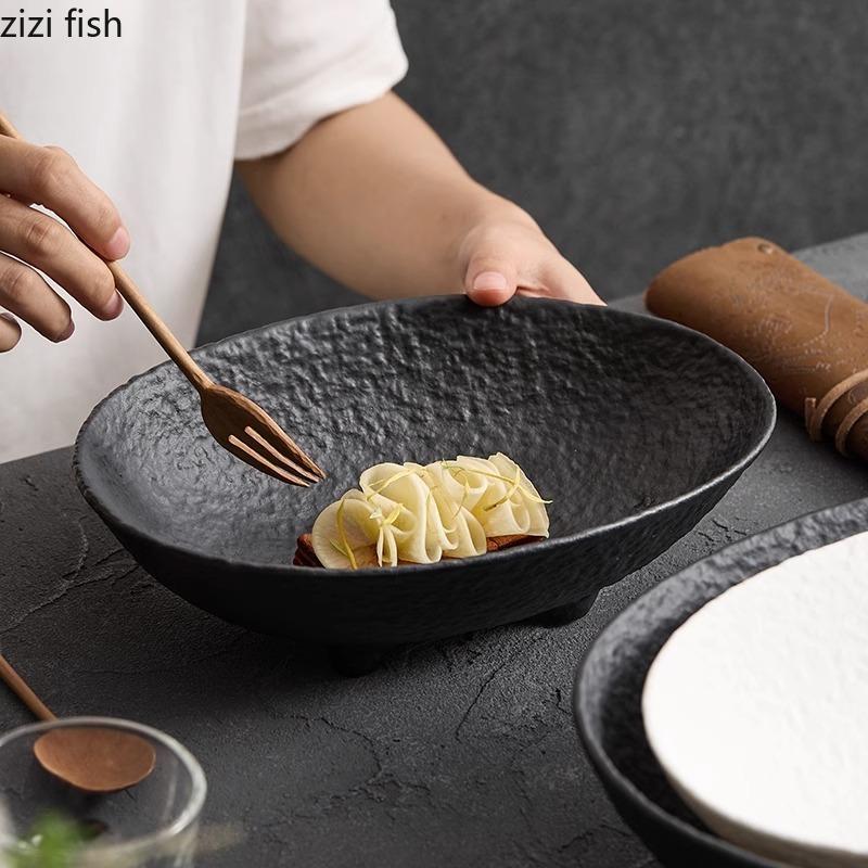 Plateau à fruits à quatre pieds en céramique à motifs de pierre mate, assiette à salade ovale, assiette profonde, assiette à bonbons et noix, vaisselle créative pour la maison