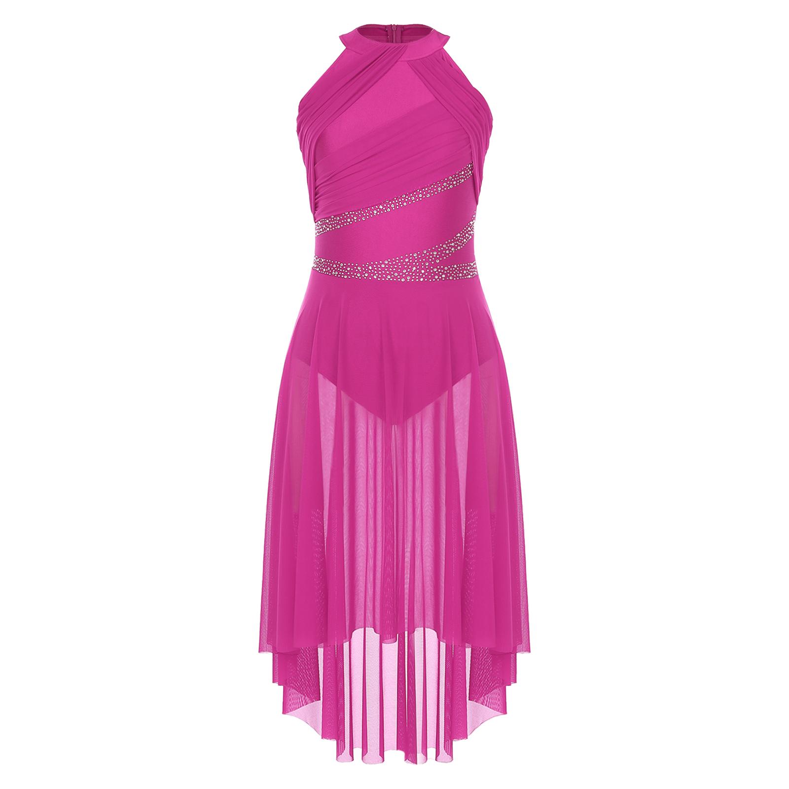 

Жіноча блискуча сукня для ліричного танцю з стразами, без рукавів, зібрана, з асиметричним подолом S гарячі рожевого кольору