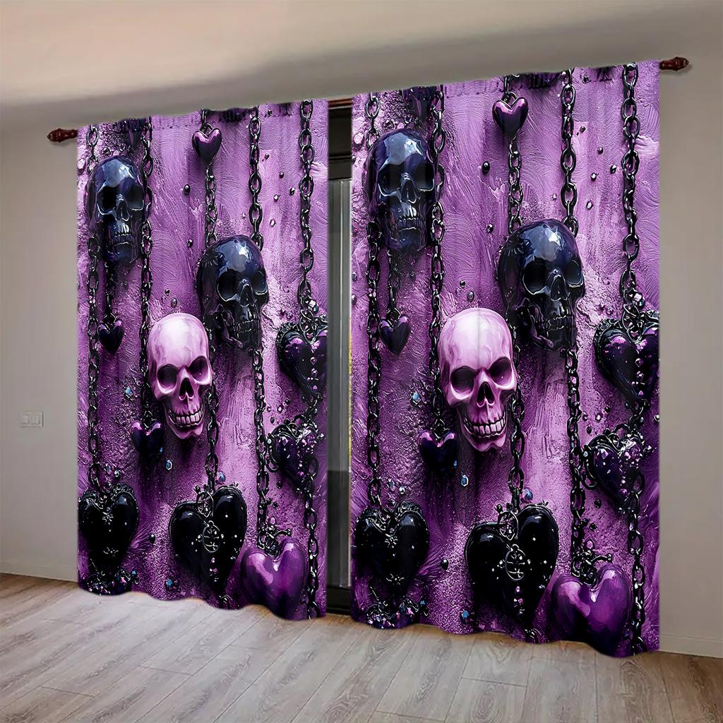 2pcs Terrifying Skeleton Chain Pendant Printed Curtain for Halloween Home Decor - Rod Pocket Window Treatment for Bedroom