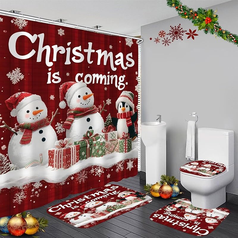 4PCS Christmas Fireplace Shower Curtain Sets, Christmas Tree Stocking Shower Curtain Sets with Rugs, Toilet Lid Cover and Bath Mat for Bathroom Set