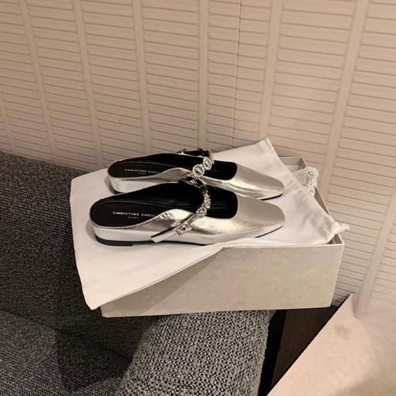 Square-toed Shoes Rhinestone Flat-bottomed Flip-flops Women's Sandals