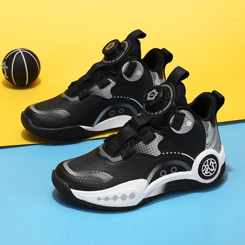 Children's Basketball Shoes Teen Leather Professional Sneakers Boys' Shoes Button Friction Sound Medium and Older Children's Sneakers