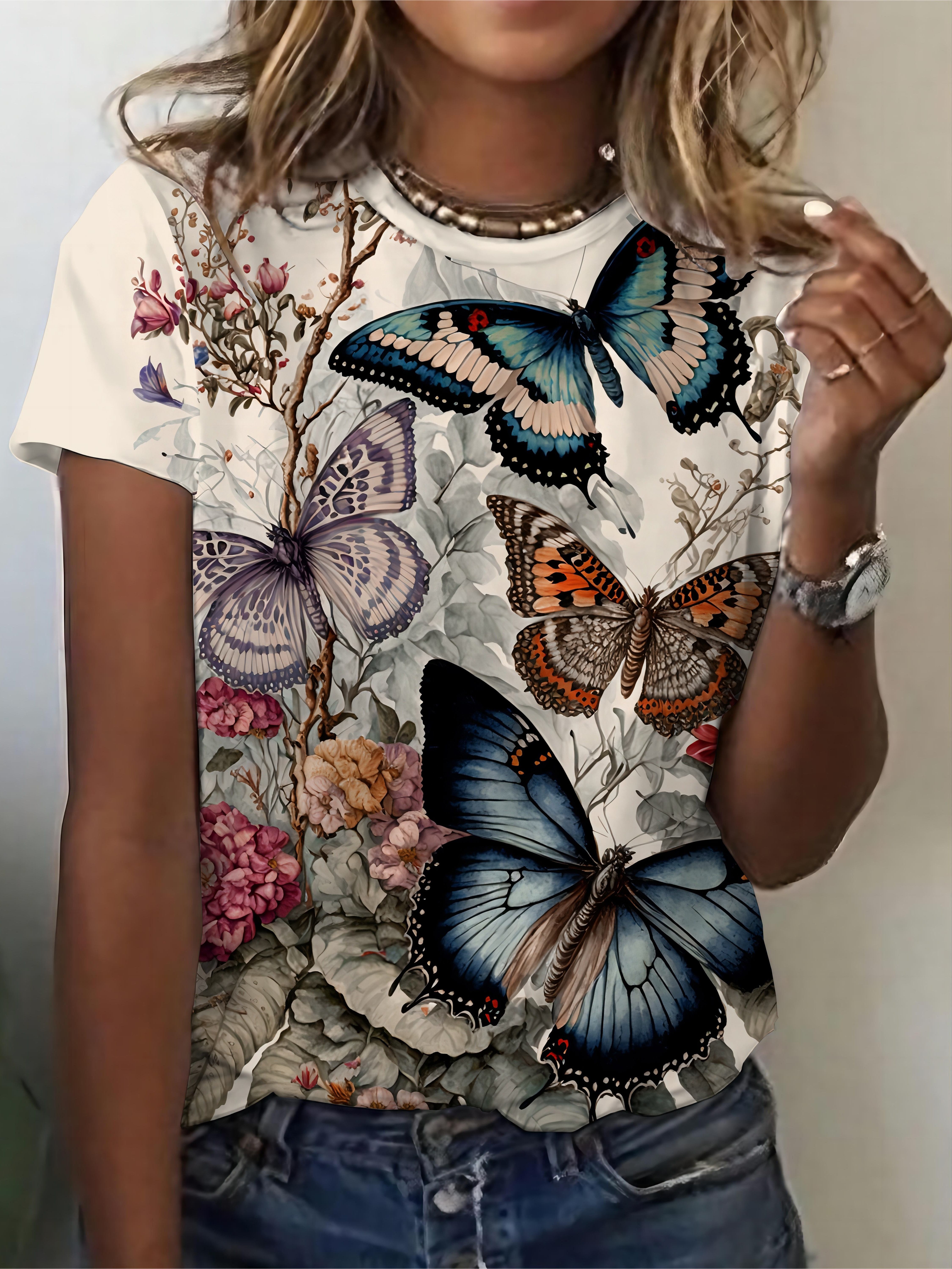 Women s Casual Butterfly Print T-shirt. 3D Printed Short S дубильная кора