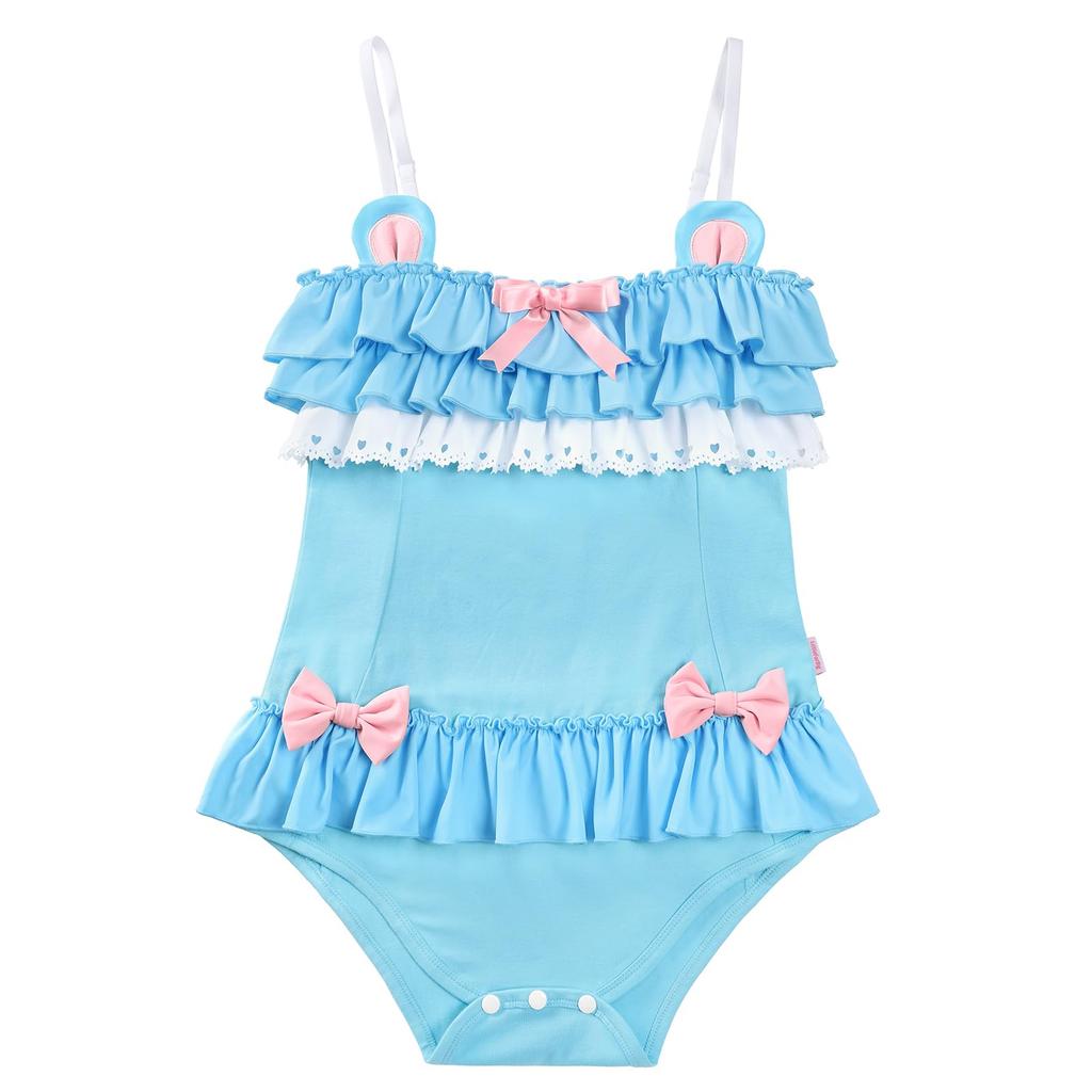 LittleForBig Adult Romper, Cotton Tank Top, Triple-Layer Ruffles, Bowknot, Fancy Bear Ear Straps, Blue, Size XL