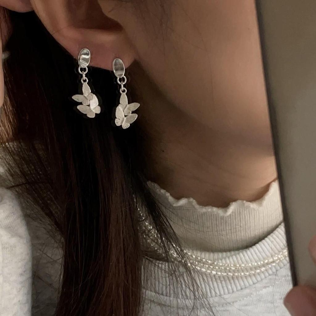 925 Sterling Silver Butterfly Pendant & Earrings, Korean & New Chinese Style, Light Luxury with Silver Needle, Elegant High-End Feel.