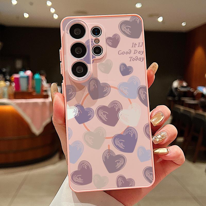 Magnetic For Magsafe Case For Samsung Galaxy S26 Ultra S25 Edge S24 Plus S23 FE S22 A54 A55 A56 5G Candy Color Love Hearts Pattern Matte Cover