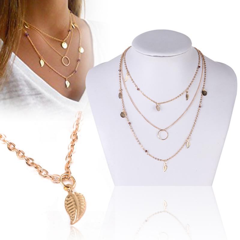Sexy Bohemian Multilayer Gold Beads Leaf Ring Chain Chocker Necklace Jewelry 