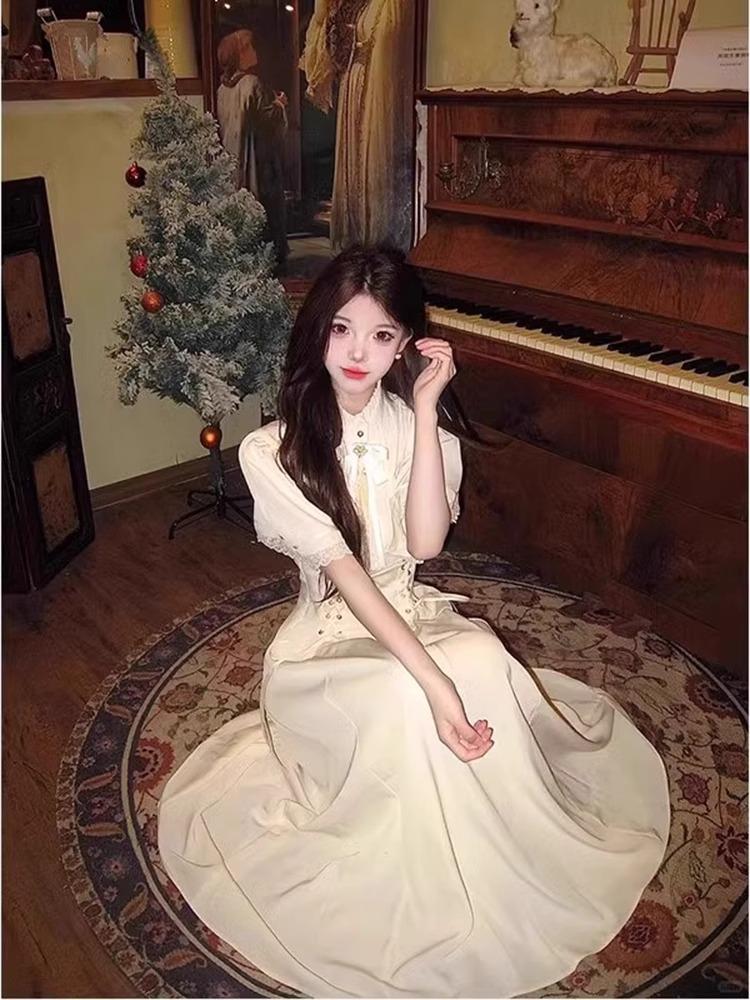 Korean Style Elegant Apricot Long Summer Dress for Women