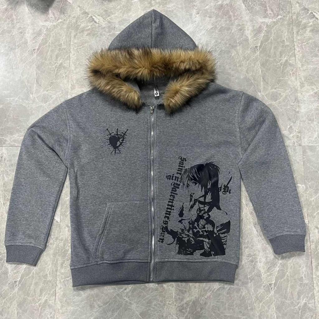 BeatStreet Autumn/Winter Y2k Women Aesthetic Harajuku Faux Fur Collar Hoodies Clothes Graphic Hip Hop Punk Gothic Zip Up Hoodies