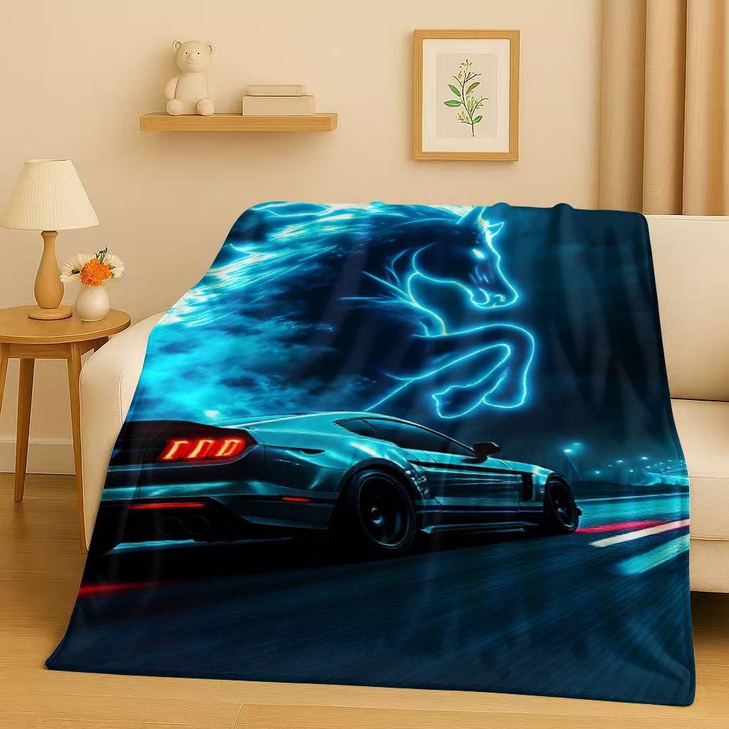 New Mustang Racing Car Logo Flannel Blanket,Ultra Soft Warm Plush Throw for Home Bedroom Bed Sofa Cover Picnic Kids Office