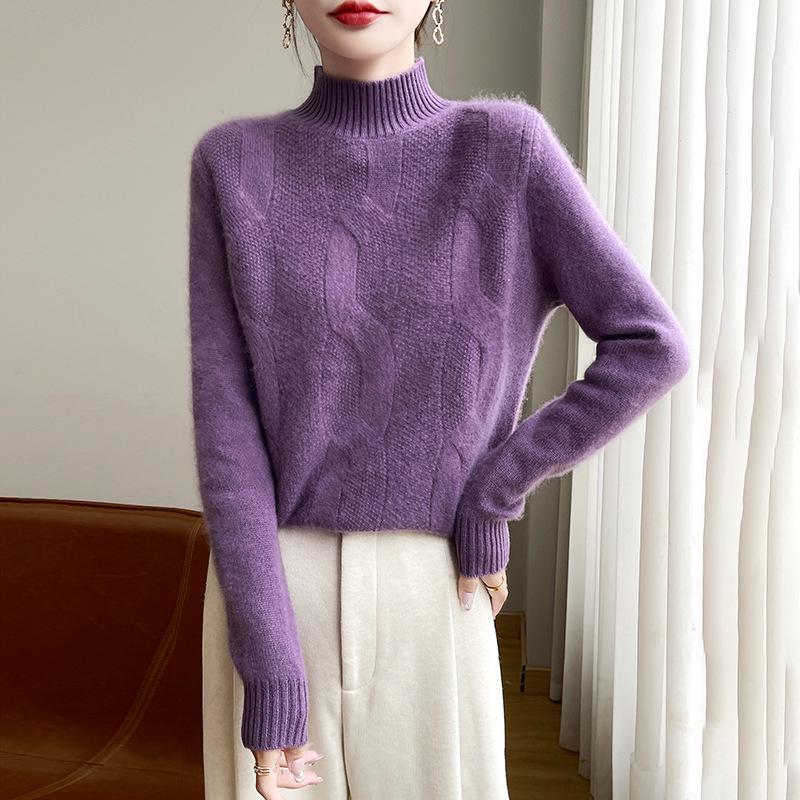 2025 Autumn/Winter Women's Chunky Knit Wool Sweater - Half-High Neck, Solid Color Pullover.