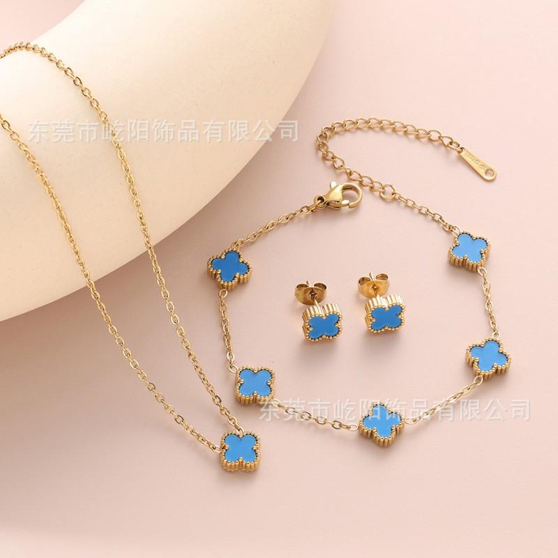 Titanium Steel 18K Gold Plated Clover Pendant Necklace Bracelet Earring Set O-Chain Jewelry Men Women