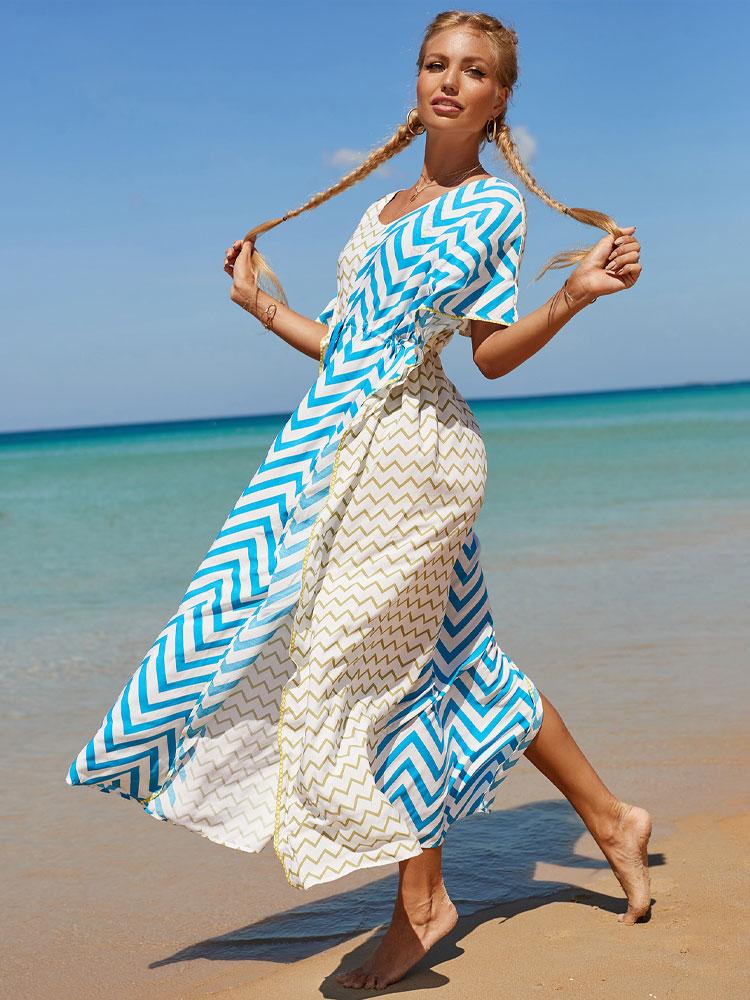 EDOLYNSA Bohemian Gestreiftes Patchwork Sexy V-Ausschnitt Selbstgürtel Hohe Taille Lockeres Kleid Baumwolltunika Damen Übergröße Maxikleider