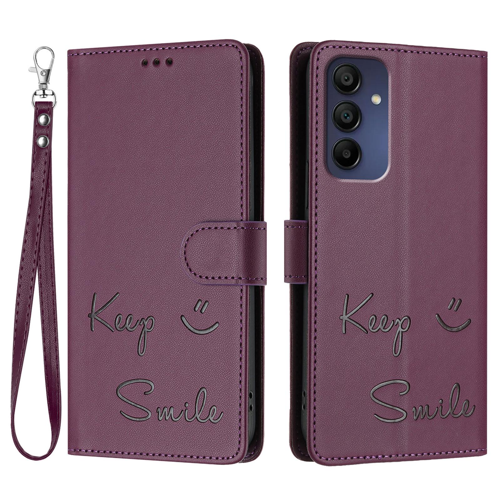 

For Samsung Galaxy A16 5G/A16 4G Case Smile Imprinted RFID Blocking Leather Phone Cover with Strap Dark Purple