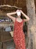 French Red Floral Spaghetti Strap Summer Dress - Women's 2024 Beach Vacation Long Dress