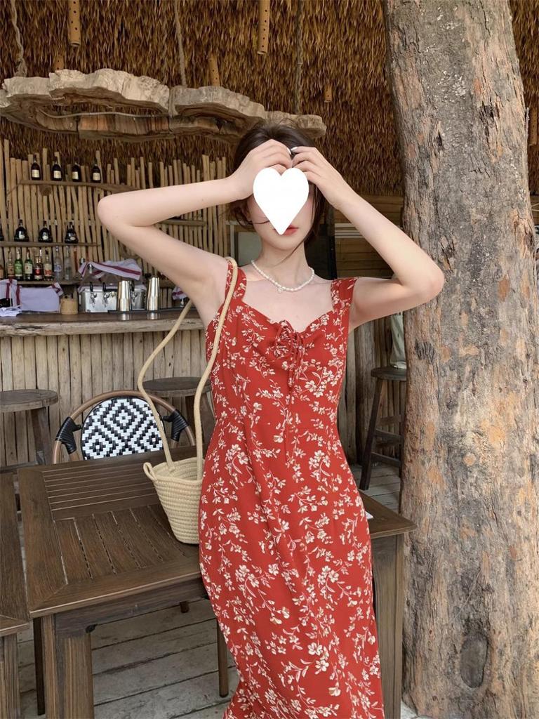French Red Floral Spaghetti Strap Summer Dress - Women's 2024 Beach Vacation Long Dress