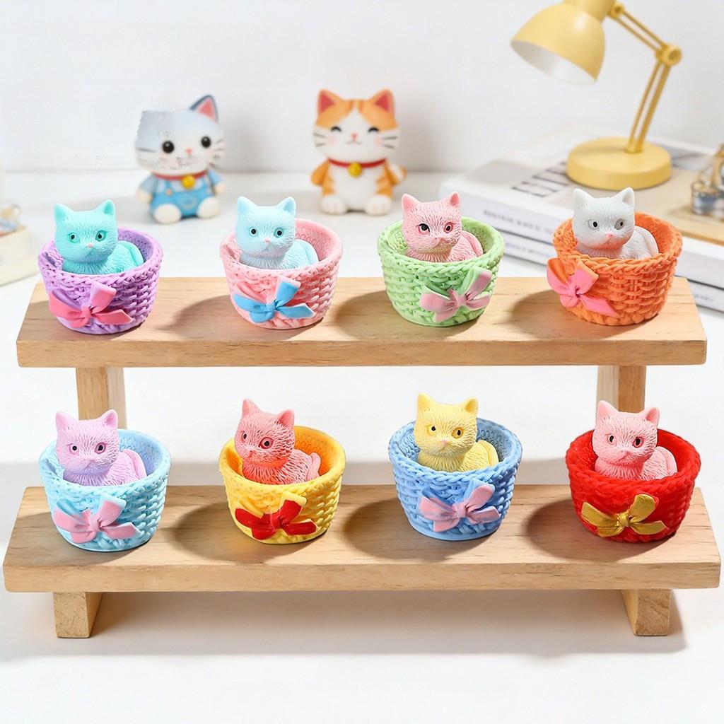 5Pcs Multicolors Basket Cat Animal Miniatures Resin Ornaments DIY Fairy Garden Decoration Moss Terrarium Micro Landscape