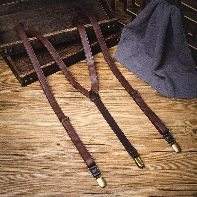 Unisex Retro Elastic Leather Suspenders with Non-Slip Clips - British Korean Style