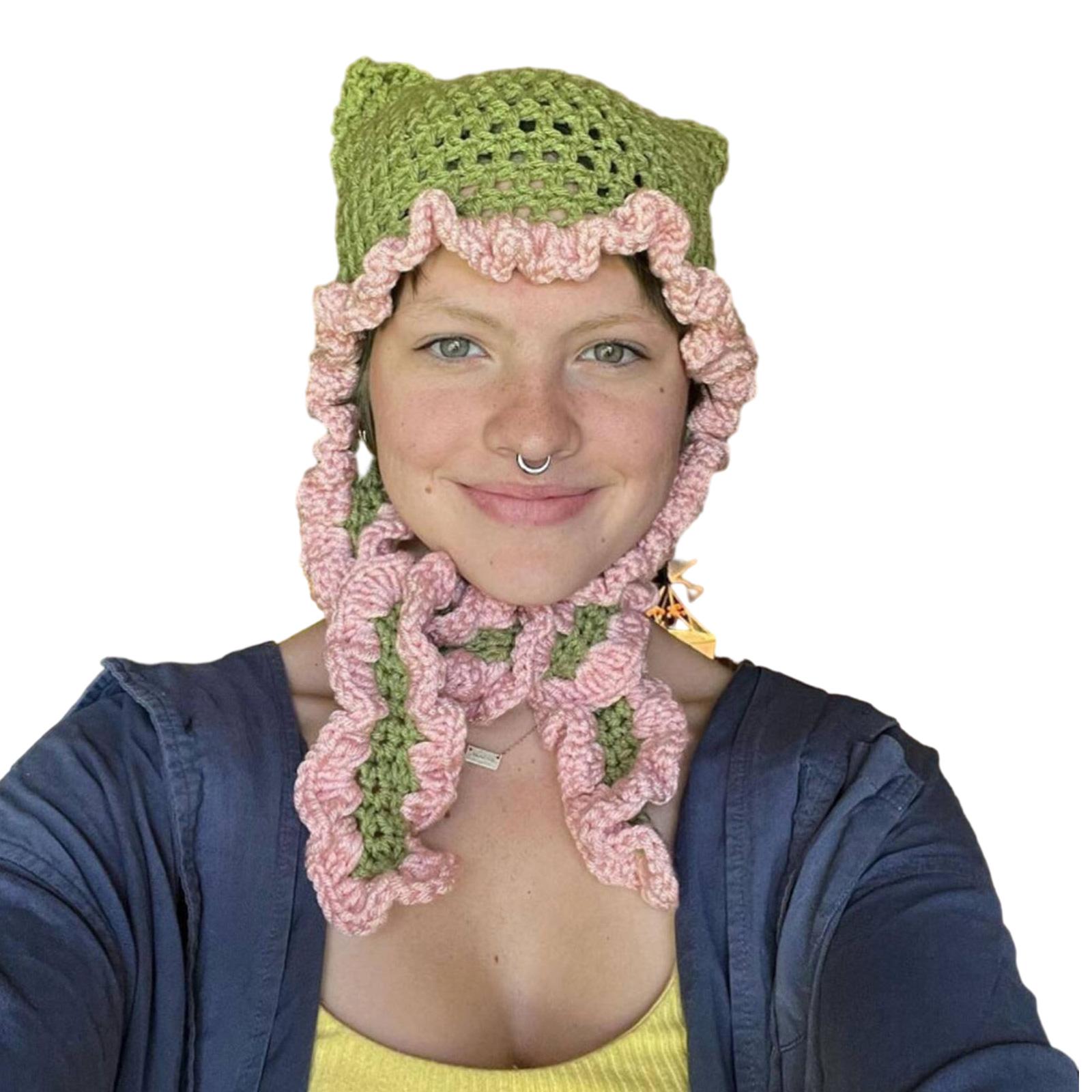 

Halloween Beanie Knit Beanie Hat Unique Cat Ear Horn Hat Head Covering Party Holiday Warm Hat for Women зелёный