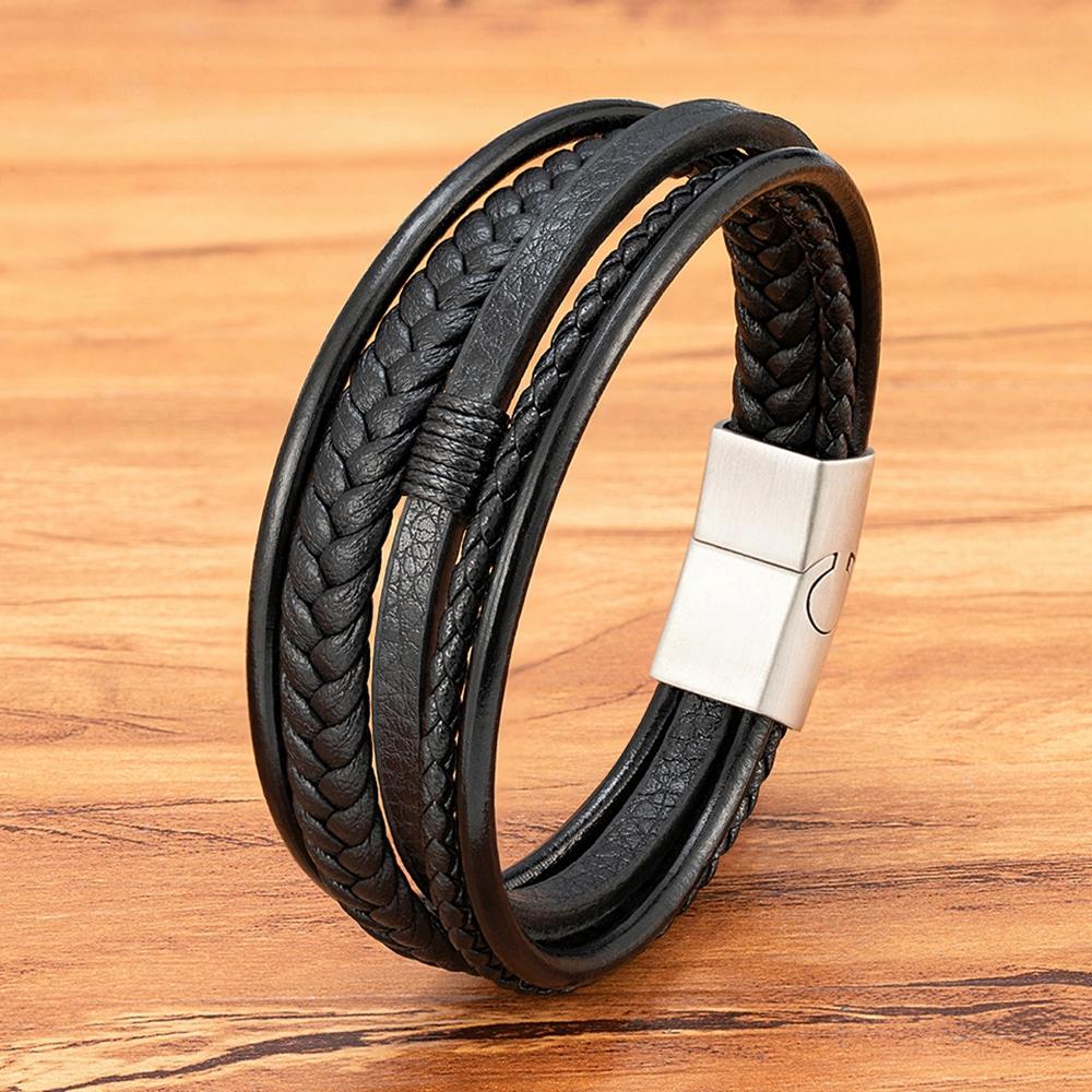 Luxury Fashion Hand-Woven Leather Bracelet Multilayer Men's Bangles Stainless Steel Magnetic Buckle Party Jewelry Gift