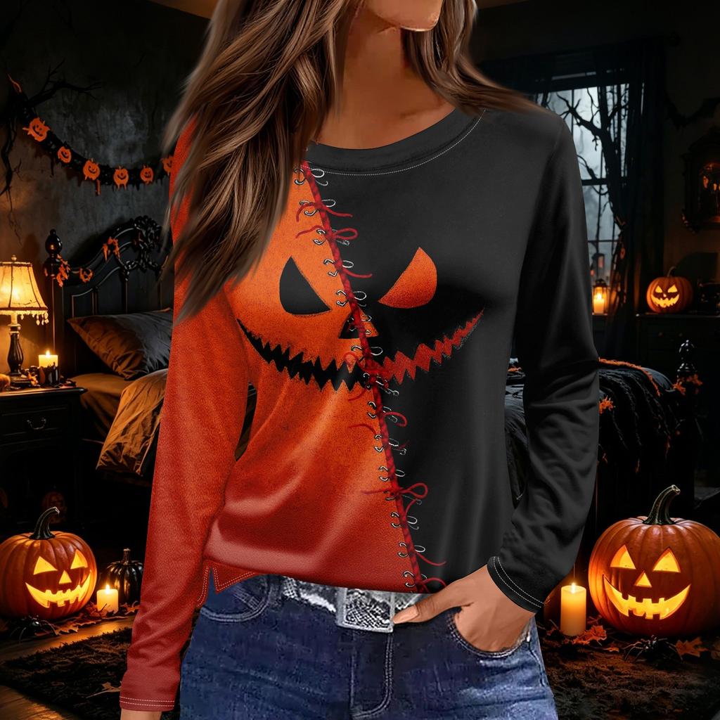 Women's Halloween Print Long Sleeve Round Neck Top with Hem Slit