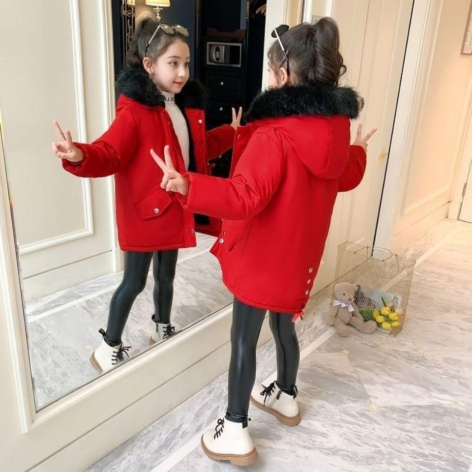 Children's Outerwear Winter Girls Jacket Fur Collar Lining with Velvet Hooded Thick Coat for Kids Children