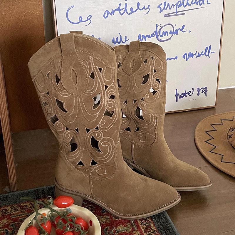 

Коричневые остроносые сапоги на тонком толстом каблуке, женские, лето 2025, новые сапоги в стиле вестерн-ковбой с v-образным вырезом, но до колена 41