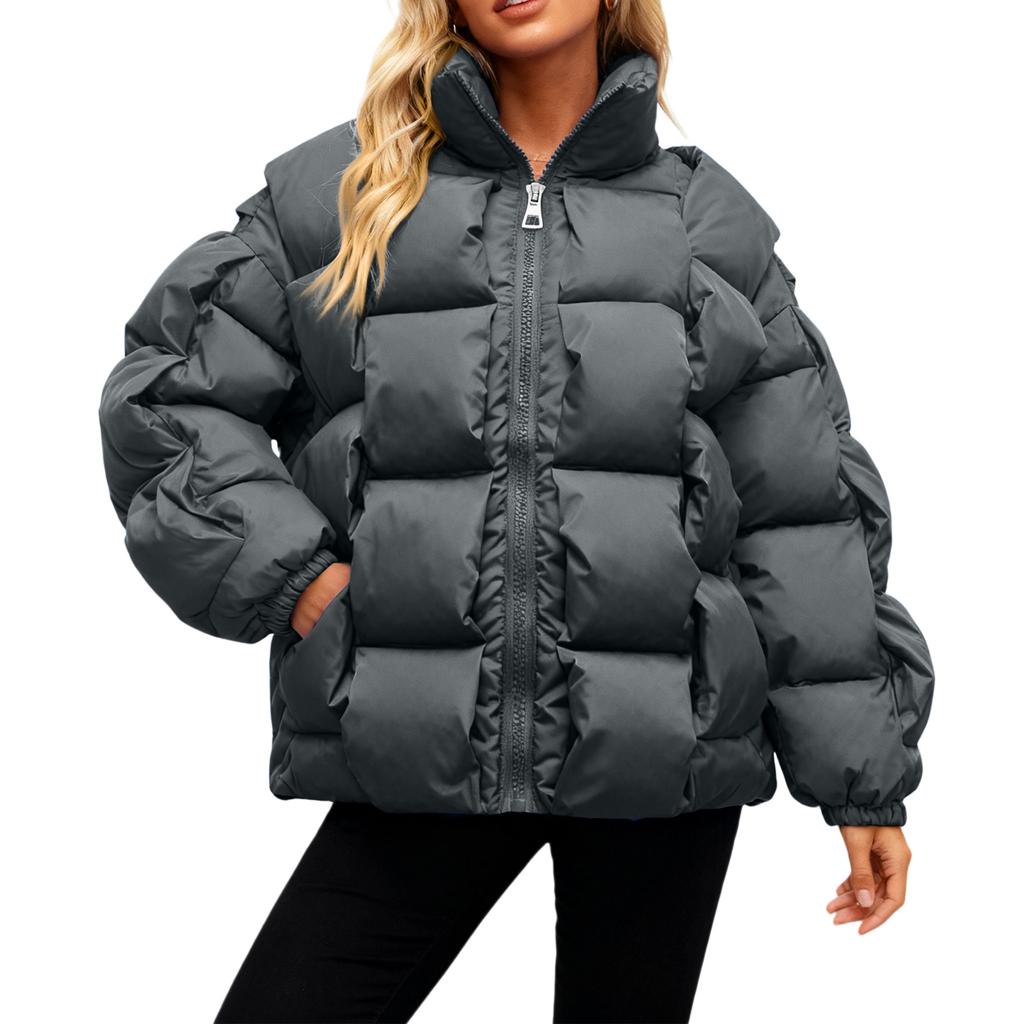 Ladies' Loose Comfortable Casual Fashionable Stand Up Collar Solid Color Long Sleeved Down Jacket