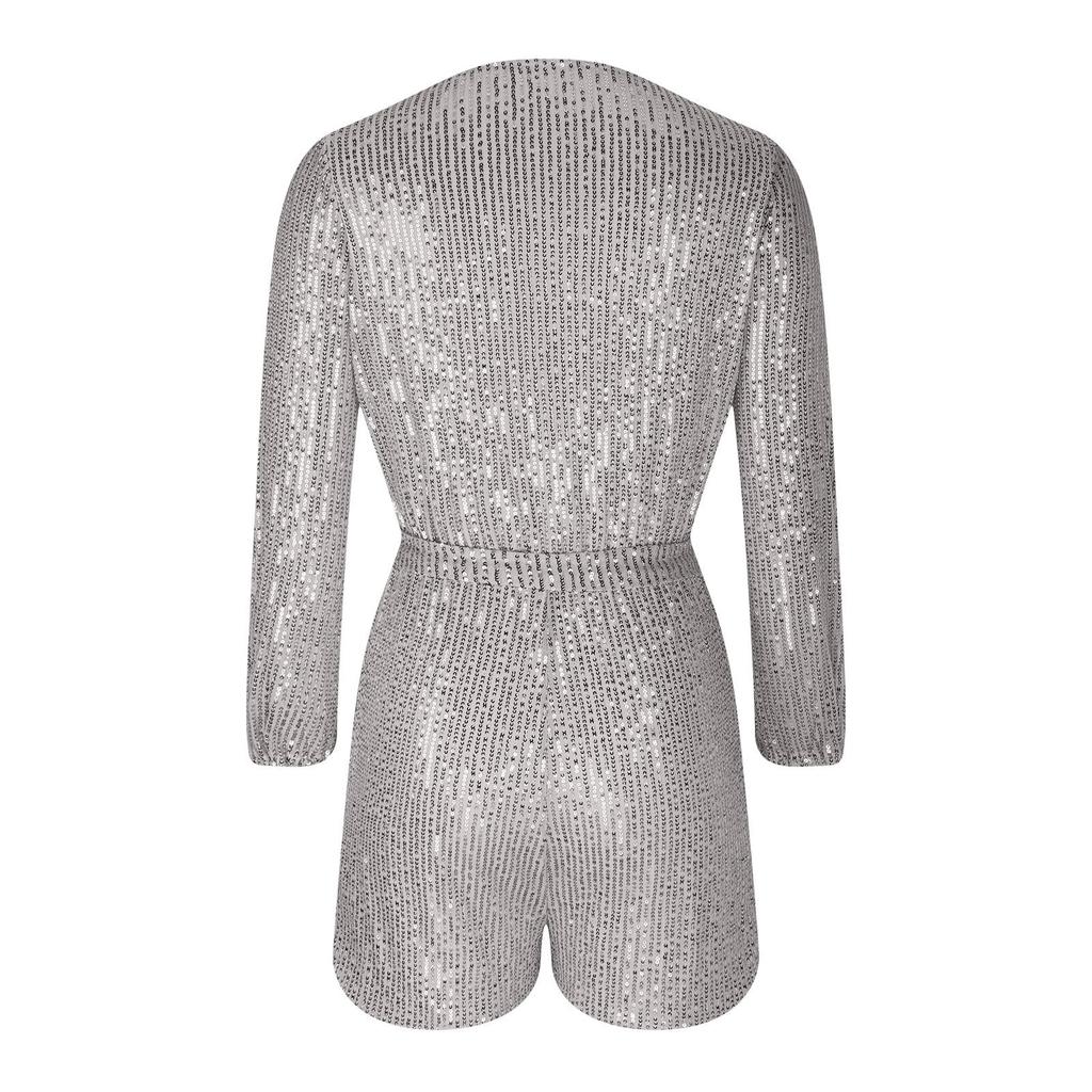 Damenmode Pailletten Jumpsuit V-Ausschnitt Langarm Glänzender Kurzer Overall