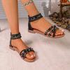 Summer New Sandals Fashion Round Head Open Toe Rivet Fine Strap Bag with Back Zipper Soft Sole Non-slip Flat Shoes
