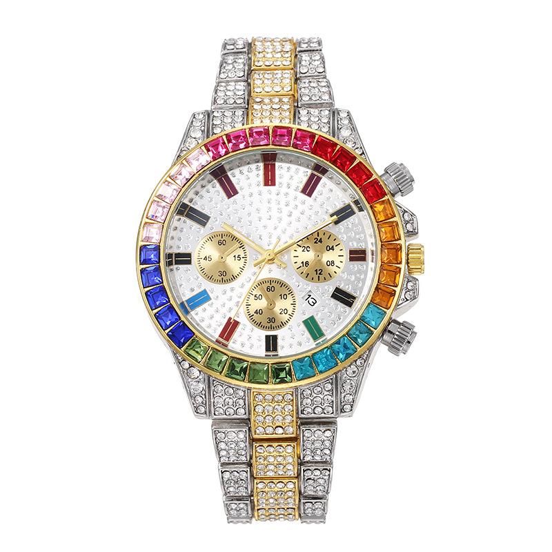 UTHAI BK114 Modische Herrenuhr, farbiger Diamant-Kalender, eingelegte Diamant-Quarzuhr, Luxus-Uhr Geschenkuhren für den Mann