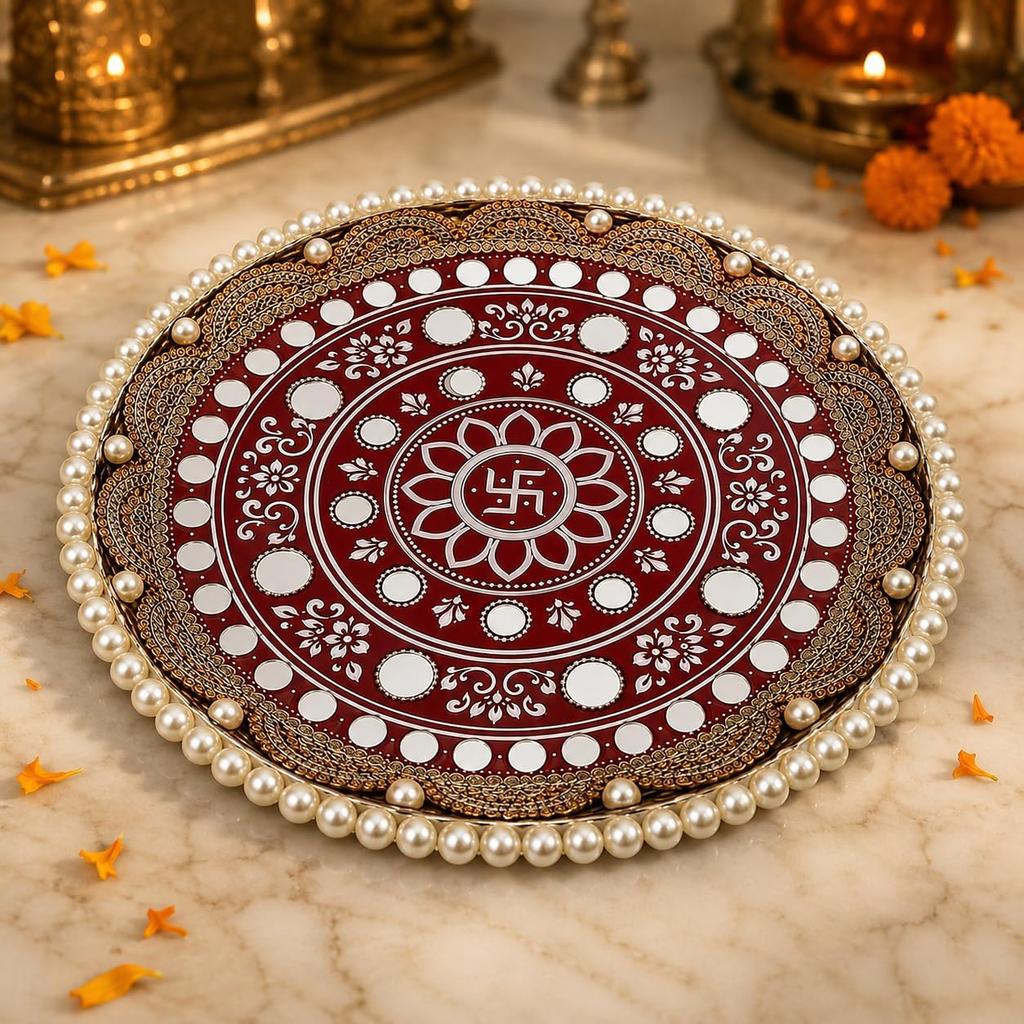 Handcrafted Mirror Work Pooja Thali – Decorative Aarti Plate for Diwali, Karwa Chauth, Navratri