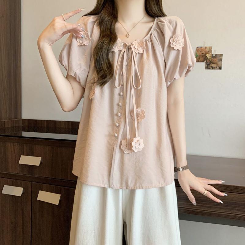 women floral applique blouse round neck tie front short sleeve casual loose fit button down shirt M розовый