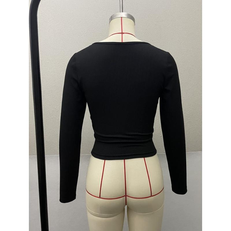 Frühling und Herbst Neues Damen Quadratischer Ausschnitt Langarm Mode Lässig Gestricktes T-Shirt Design Oberteil