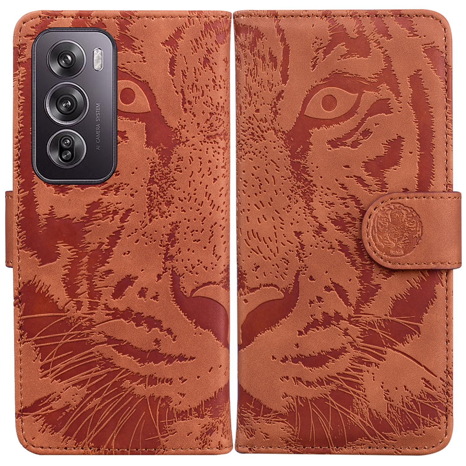 

For Oppo Reno12 Pro 5G (Global) Phone Case Tiger Imprint Leather Wallet Cover Brown