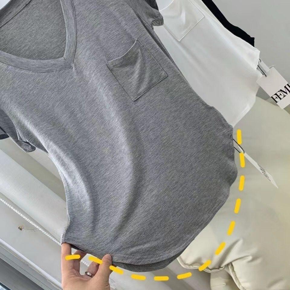 Sommer-T-Shirt aus Modal-Baumwolle mit drapiertem Schlüsselbein für Damen, lockeres, mittellanges Basishemd im koreanischen Stil, kurzärmeliges, lässiges Oberteil mit V-Ausschnitt