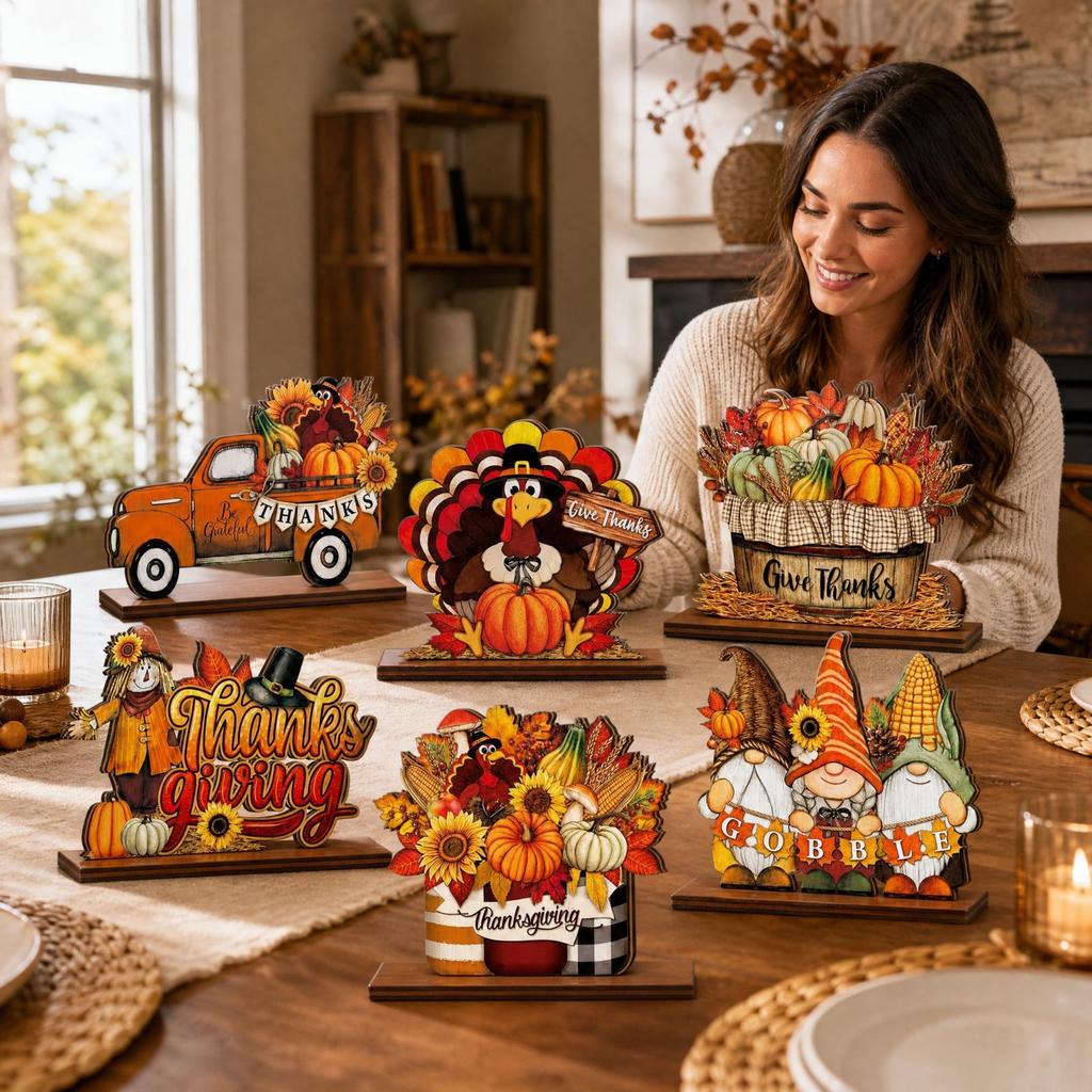 Wooden Tabletop Decor 6-Piece Set Thanksgiving Theme for Mantel Shelf Home