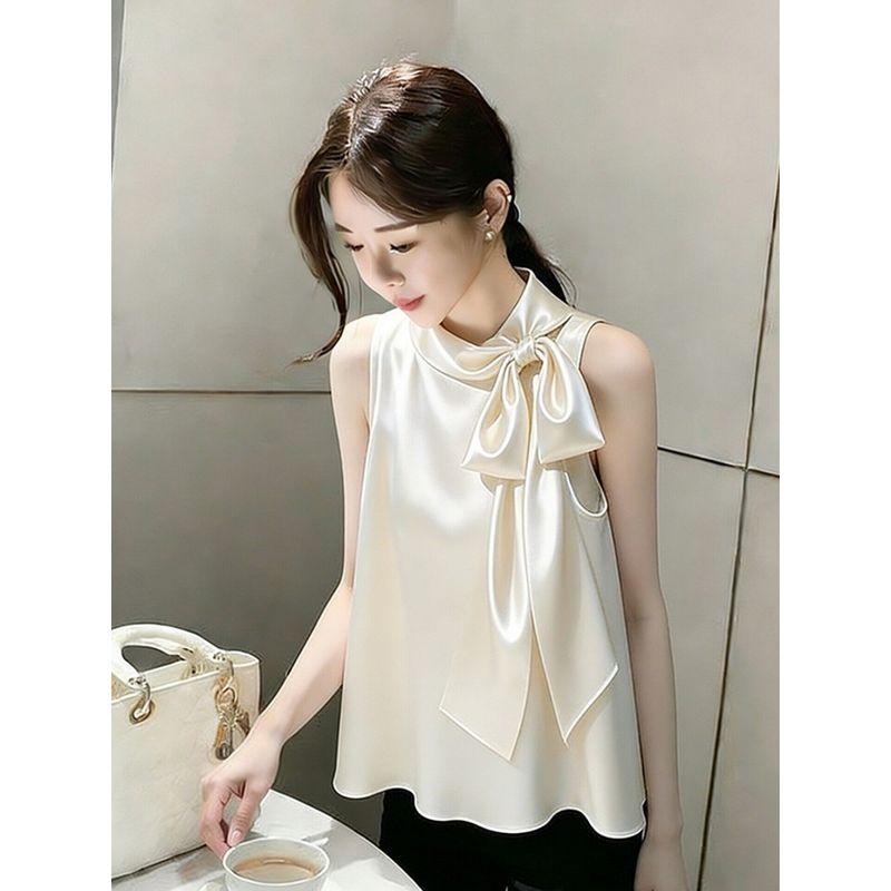 2026 Summer New Style Elegant High-End Champagne Apricot Satin Shirt French Style Sleeveless Top for Important Occasions