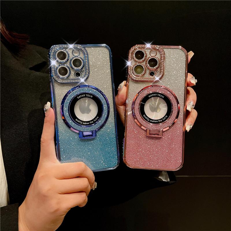 For iPhone 16 Pro Max Luxury Glitter Stand Holder Plating Flash Diamond Frame Phone Case For iPhone 11 12 13 14 15 16 Plus Cover