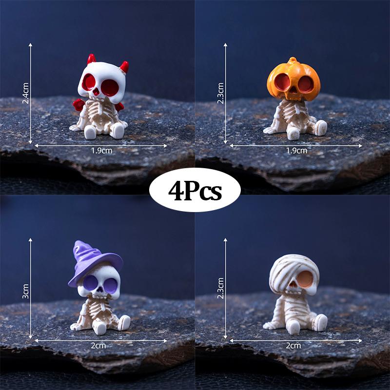 4Pcs Halloween Mini Figurines Set, Spooky Resin Decor with Pumpkins Ghosts Skulls for Party Home Garden Decoration